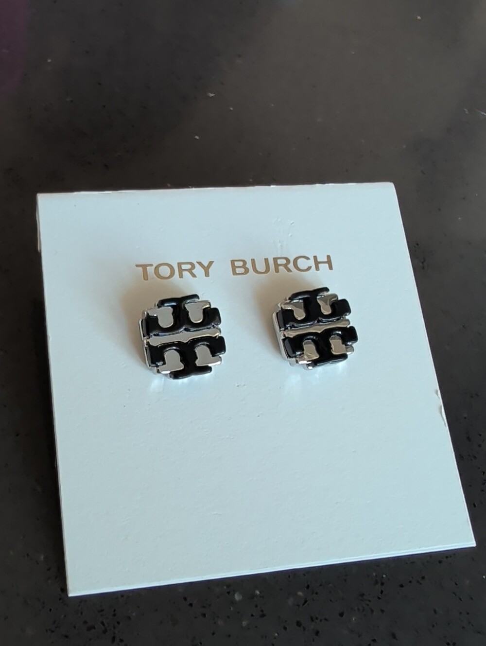 Tory Burch Silver Black Double T Logo Stud Earrings New (Orginal Value $88) W66
